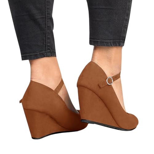 Image of Coutgo Womens Wedge Pumps Dressy Mary Jane Shoes Comfort Wedges Closed Toe Ankle Strap Heeled Shoes