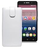 Favory Tasche Leder Etui für Alcatel One Touch Pixi 4 (8050D) Dual-SIM (6 Zoll) | ECHT Ledertasche Hülle Schutzhülle (Lasche mit Rückzugfunktion) weiss