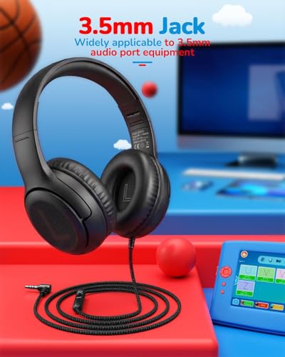 Image of awatrue Kids Headphones for School Travel, 85 /94dB Safe Volume Limit, 3.5mm Jack, HD Mic, Portable Wired Headphone with Shareport, Stereo Sound On-Ear Headphones for Toddler Kids Girls Boys Black