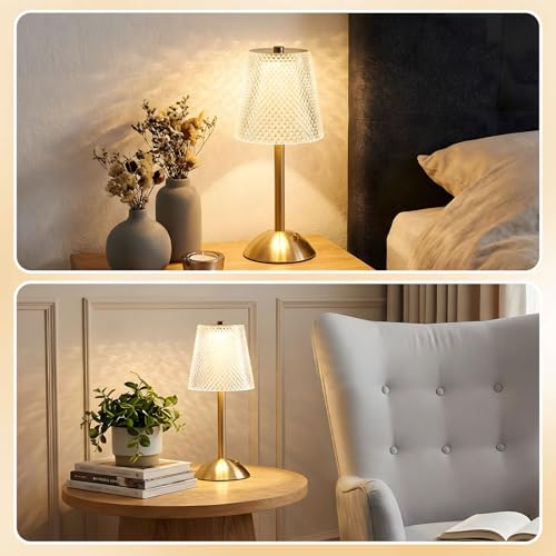 Image of Liliful 2 Pcs Cordless Table Lamp Rechargeable Touch LED Small Gold Portable Battery Operated USB-c Desk Lamp 3 Color Dimmable for Bedroom Living Room Dining (Gold,Crystal Cut Style)