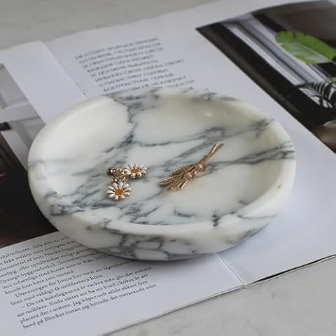 Natural Marble Travertine Jewelry Dish 5.5", Trinket Dish for Ring Earring, Gift for Woman Daugther (Arabescato Calacatta) Cover
