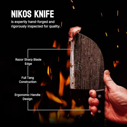 The Nikos Knife Serbian Chef Knife - 6.7 Inch Hand-Forged High Carbon Steel Full Tang Butcher Knife with Wood Handle - Razor Sharp Cooking Knife - Leather Sheath Included