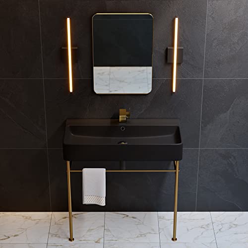 Carre 36" Ceramic Console Sink Matte Black Basin Brushed Gold Legs #TOP3
