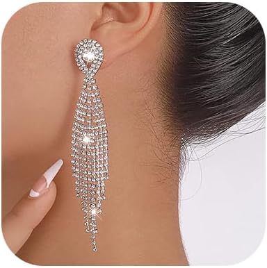 Teardrop Crystal Chandelier Earrings Long Tassels Dangle Earrings Sparkling Rhinestone Ladies Gifts Statement Earrings Bridal Wedding (Silver)