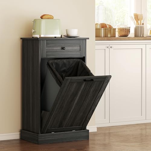 HOMCOM Kitchen Tilt Out Trash Bin Cabinet Free Standing Recycling Cabinet Trash Can Holder with Drawer, Charcoal Gray