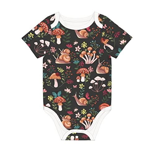 Unisex Baby Short Sleeve Cotton Bodysuits - Mushroom Snails Butterfly Flower Pattern,