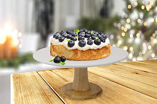 White Ceramic Cake Stand With Bamboo Base - Cake And Dessert Holder For Wedding And Birthday - Kitchen And Home Decor - 4.75” X 9.75” #TOP5
