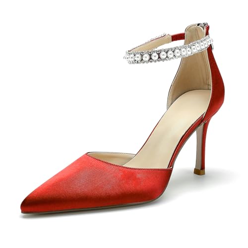 Image of Pointed Toe Pearl Wedding Shoes for Bride White High Heels Satin Bridal Shoes Zipper Back Evening Party Dance Dresses Shoes Pumps for Women