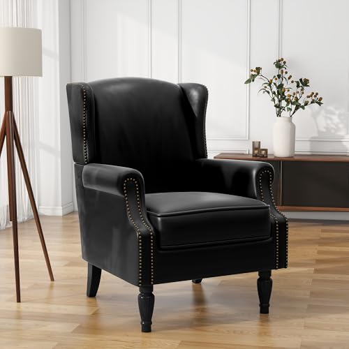 UIXE High Back Accent Chair, Faux Leather Wingback Chair Upholstered Armchair for Living Room - Black