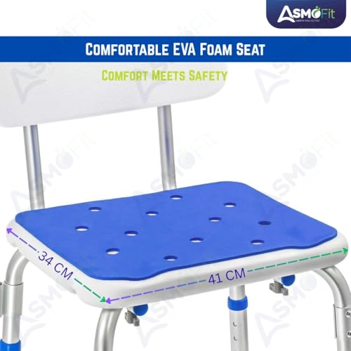 Image of Asmofit Shower Bench for Elderly,Senior Citizens and Patient with Padded Armrests and Back | Tool-Free Assembly BathChair with Anti-Slip Rubber Tips & Height Adjustable Shower Seat for Bathroom