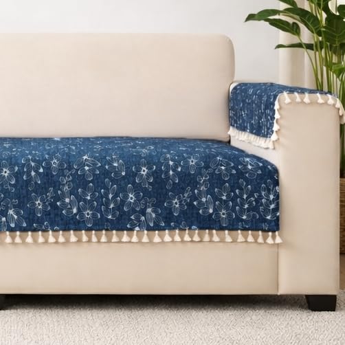 Image of STITCHNEST Woven Fabric Sofa Cover 1 Seater with 2 Hand Rest Covers - Washable Blue Sofa Cover with Tassels - Durable Premium Fabric - Stylish Sofa Protector for Living Room & Furniture Decor