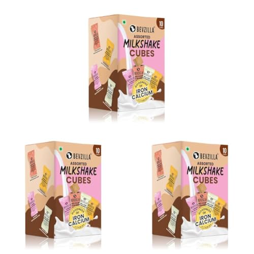 Image of Bevzilla Assorted Instant Milkshake 10 Cubes Pack with Organic Date Palm Jaggery, Zero Refined Sugar, No Preservatives, Drop Stir & Enjoy, Perfect For Kids & Adults, Plant-Based Vitamins (Pack of 3)