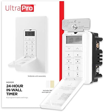 UltraPro 24-Hour Digital In-Wall Timer, Easy-to-Program, Presets, Countdown Timer, ON/OFF Override Button, Light Timer For Indoor Lighting, Porch, Seasonal, LED, Timer Switch, Light Timers, 40955