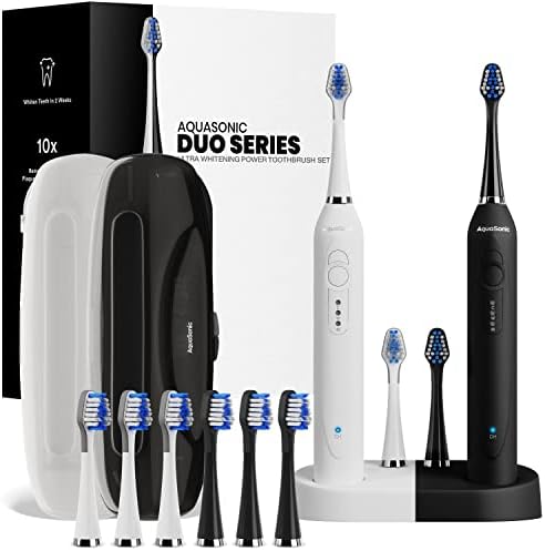 Aquasonic Duo - Dual Handle Ultra Whitening 40,000 VPM Wireless Charging Electric ToothBrushes - 3 Modes with Smart Timers - 10 Dupont Brush Heads & 2 Travel Cases Included