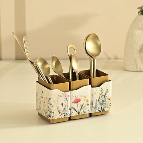 Image of Brick Brown Premium Metal Triflora Cutlery Holder - Spoon Stand for Kitchen | Spoon Holder for Dining Table | Wooden Caddy Storage Organizer | Stand Caddy Holder for Kitchen Utensils (6.3x8x9.5in)