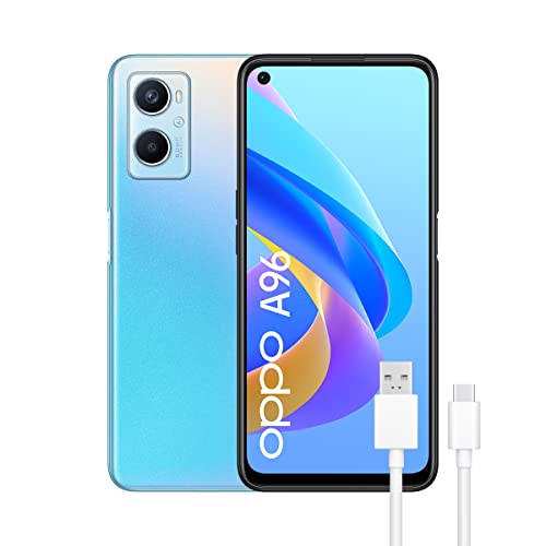 OPPO A96 – スマートフォン 128GB、8GB RAM、デュアル SIM、6.59 インチ画面、50MP+2MP カメラ、16MP Selfie カメラ、5000mAh バッテリー、33W 高速充電 - ブルー