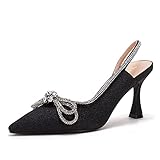 TINSTREE Slingback Heels for Women,2022 Fashion Pointed Toe High Pumps Stiletto High Heels Rhinestone Satin Evening Wedding Bridesmaid Bride Slip On Slide Mules Shoes with Bow Buckle Black,09