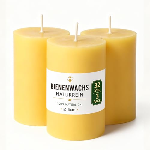 100% Bienenwachs Stumpenkerzen Natur - 32 Stunden Brenndauer -3er Pack Tropffrei & Rußfrei für Entspannung & Deko - 5x7cm Bienenwachskerzen Gelb