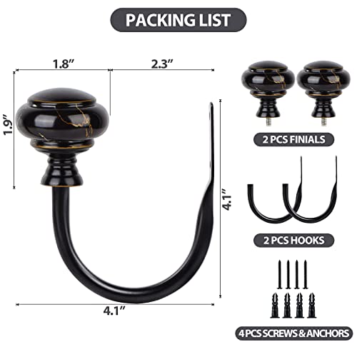 Kamanina Decorative Curtain Drapery Holdbacks, Window Curtain Holdbacks, Marbled Finials, Black(1 Pair/2 Pack, Small) #TOP5