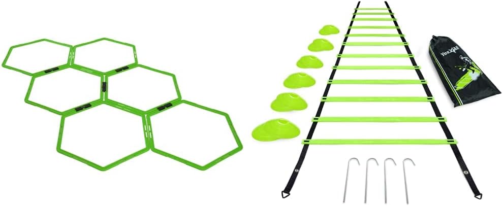 Yes4All Combo Hex Agility Rings & 12 Rungs Agility Ladder With 12 Agility Cones, 4 Steel Stakes, Included Carry Bag For Soccer, Football, Sports Footwork Fitness Training (Color: Neon Green)