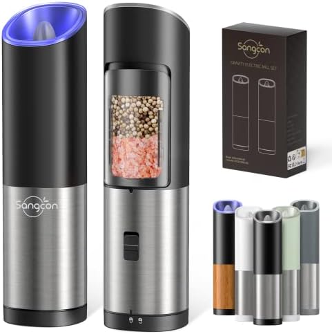 Sangcon Electric Salt and Pepper Grinder Mill Set, Safety & Gravity Switch, Battery Powered with LED Light, Adjustable Coarseness, One Hand Automatic Operated Kitchen Gadgets, Stainless Steel, 2 Pack