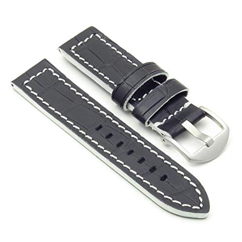 DASSARI Flash Thick Crocodile Embossed Rally Leather Watch Band Strap with Contrast Stitching - Black & White - 22mm
