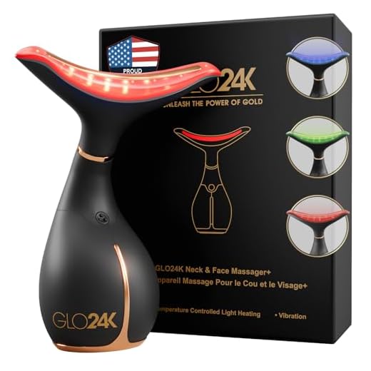 GLO24K Red Light Beauty Device for Face and Neck. Based on Triple Action L E D, Thermal, and Vibration Technologies.