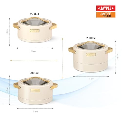 Image of JAYPEE Luxura Klass Set Inner Steel Serving Painted Casserole Set Of 3 Toughened Glass Lid Advanced PU Insulated 100% Food Grade Lockable Hot Box Easy To Keep Roti,Pulao & More|1500,2000,2500 Ml,Ivory