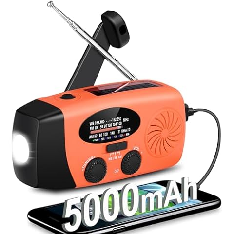 WenBelle 5000mAh Emergency NOAA Weather Radio, Self Powered FM AM Hand Crank Radios, Solar Radio with SOS, Earphone Jack, 4 Modes LED Flashlight, Phone Charge (Orange) Cover