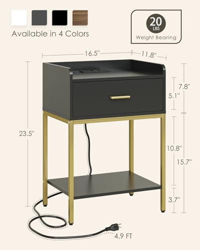 Image of Masupu Nightstand with Charging Station,3-Tier Modern Bedside Night Stand with Storage Drawer and Shelf,Small End Side Table for Bedroom,Living Room,Gold and Black