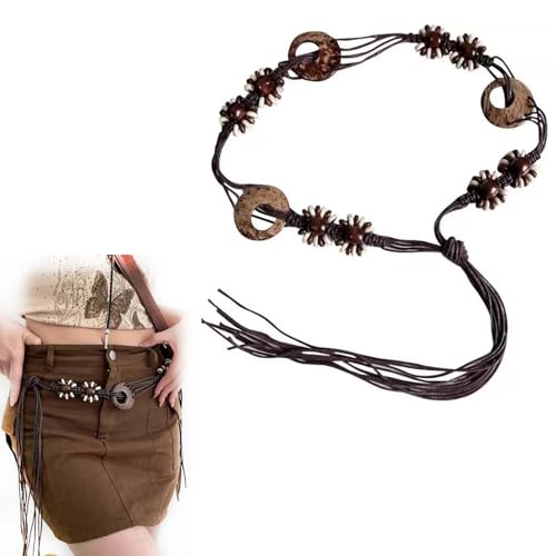 1pc Women Boho-Style Braid Waist Belt Coconut Shell Beads Decor Waist Band with Adjustable Tie Rope for Dress Jeans