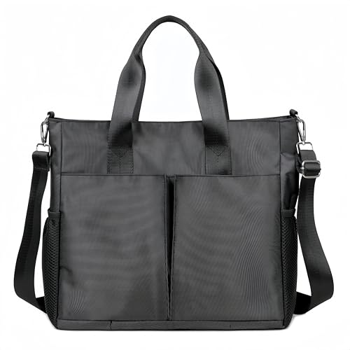 Oxford Canvas Tote Bag for Women,Crossbody Shoulder Bags for Men,Laptop Work Bag,Waterproof Nylon Multi Pocket Handbags for Teacher,Travel,Work,Outdoor,Black