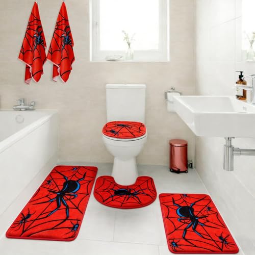 Nuanchu 6 Pcs Spider Bathroom Rugs Set with Spider Web Hand Towels Non Slip Web U-Shaped Toilet Rug Water Absorption Bath Mat for Bathroom Bedroom Living Room