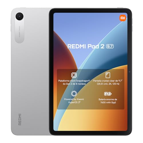 XIAOMI REDMI Pad 2, Tablet de 9,7” 4+64 GB, Pantalla 2K 120 Hz, Snapdragon 6s Gen 2, batería 7600 mAh, Plata, 4 años de garantía. Cargador no Incluido.