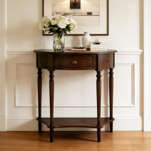 Half Moon Console Table Solid Wood Vintage Entryway Table with Storage Drawer Small Hallway Table for Entryway Half Round Foyer Tables Walnut Entry Way Tables For Entrance (Walnut W-23.6)