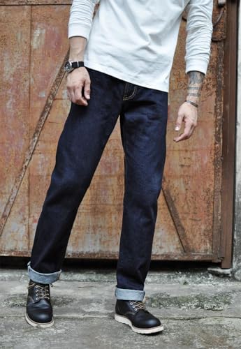 Men’S Casual Straight Fit Selvedge Raw Denim Full Length Jeans Zipper Fly Midweight Daily Wear Trousers3