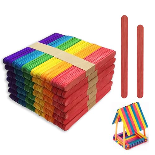 200 Stück Holz Eisstäbchen, Bunte Holz-Bastelstäbe, Farbiges Eis...
