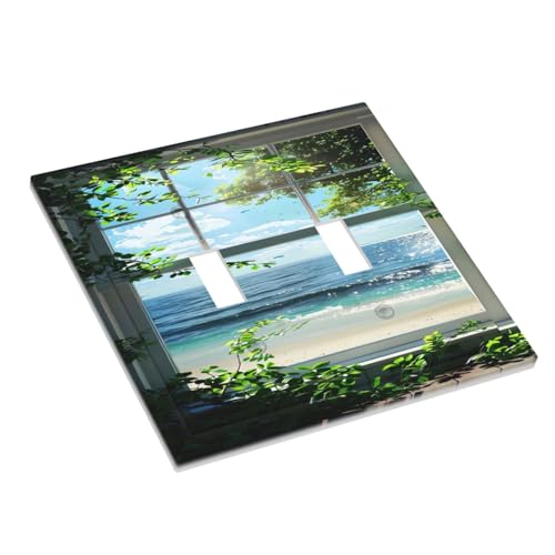 Decorative Switch Covers Plate Window Beach Seascape View Green Leaves 2 Gang Wall Plate Oversized Double Toggle Light Switch Plate Wall Cover Plate Faceplate for Bedroom Home Decor