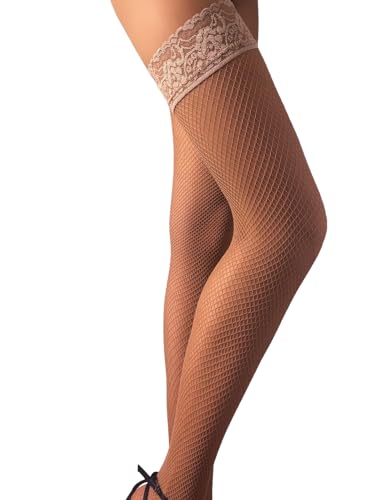 Charm and Attitude Thigh High Fishnet Stockings for Women with Lace Top - Sheer Stay-Up Design - Made in EU3