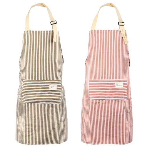 zrfgbxim 2 Pcs Delantal Cocina Hombre Mujer, Mandiles de Cocinas, Delantales de Chef de Cocina Unisex Ajustables con 2 bolsillos, para repostería, restaurante, limpieza del hogar (rojo, marrón)