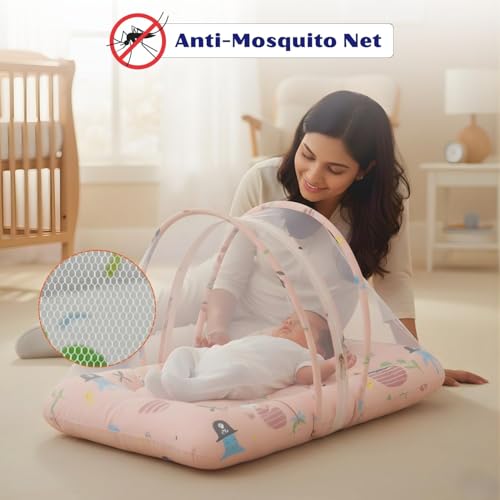 Image of Toddylon Baby Essentials for Newborn Kit 52 in 1 Cotton Combo | New Born Infant Essentials Kit 0-6 Months | Infants Combo Set with Mattress, Clothes & Hospital Kit (Pink)