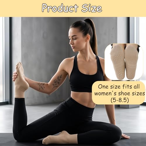 Image of Jspupifip 4 Pairs Pilates Grippy Socks for Women, Long Non Slip Yoga Socks with Grips Crew Socks for Pilates Barre Hospital