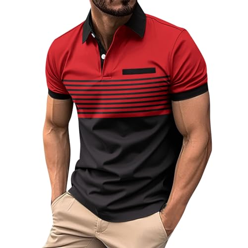 UHouse Homme Polo Golf Polos à Manches Courtes Sport T-Shirts Casaul Teeshirt Court Tshirt D'Été Habit Fitness Vetement a Rayures pour Rouge L