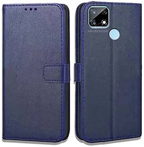 Image of Inside Rubber TPU with Card Pockets Magnetic Closure Protection Compatible with Realme C25, RMX3193 (Blue)