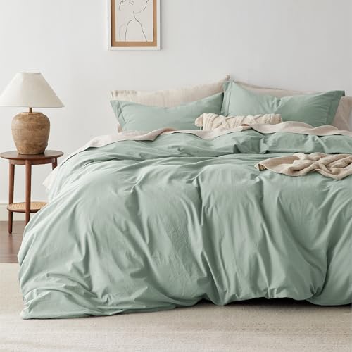 Bedsure 100% Washed Cotton Duvet Cover Queen Size - Sage Green Minimalist Cotton Duvet Cover Linen Like for All Seasons - GentleSoft™ Plain Simple Bedding (Sage Green, Queen, 90"x90")