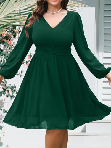 Image of RWJ Women's Plus Size Mini Dress 2025 Wrap V-Neck Empire Waist Long Sleeve Spring Trendy Elegant Flowy Chiffon Dresses