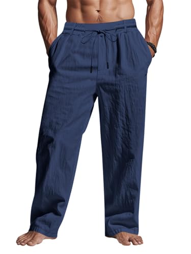 TRFIC Men's Linen Pants Lightweight Drawstring Elastic Waist Pockets Loose Fit Straight Legs Summer Beach Yoga Navy — Amazon listing image