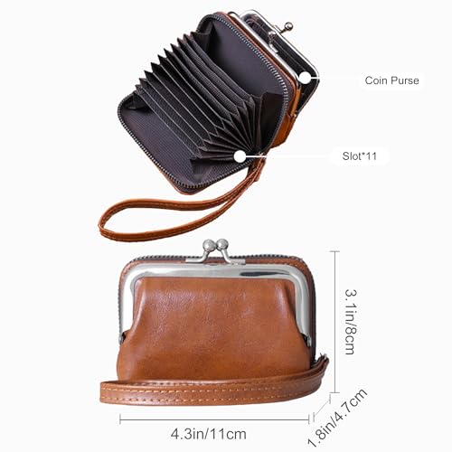 Real Leather Wallet 2-in-1 Floral Bifold with Kiss-Lock & Zipper Black (Brown)2