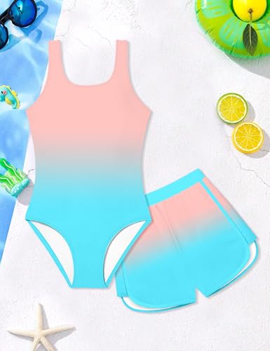 Image of Girls Swimsuit One Piece Swimsuits Color Block Bathing Suit for Girls Adjustable Strap Padded Swimwear with Shorts