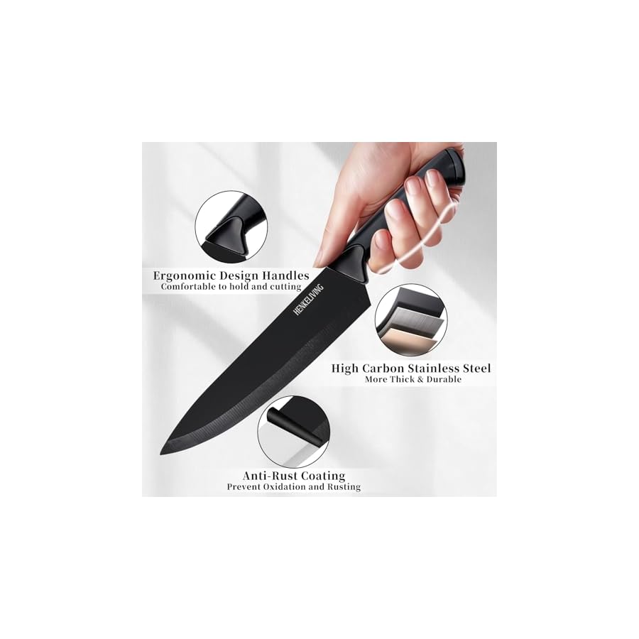 Knife Set, 14-Piece Kitchen Knives Set with Block, Built-in Sharpener, German High Carbon Stainless Steel, Ergonomic Non-Slip Handles, Black